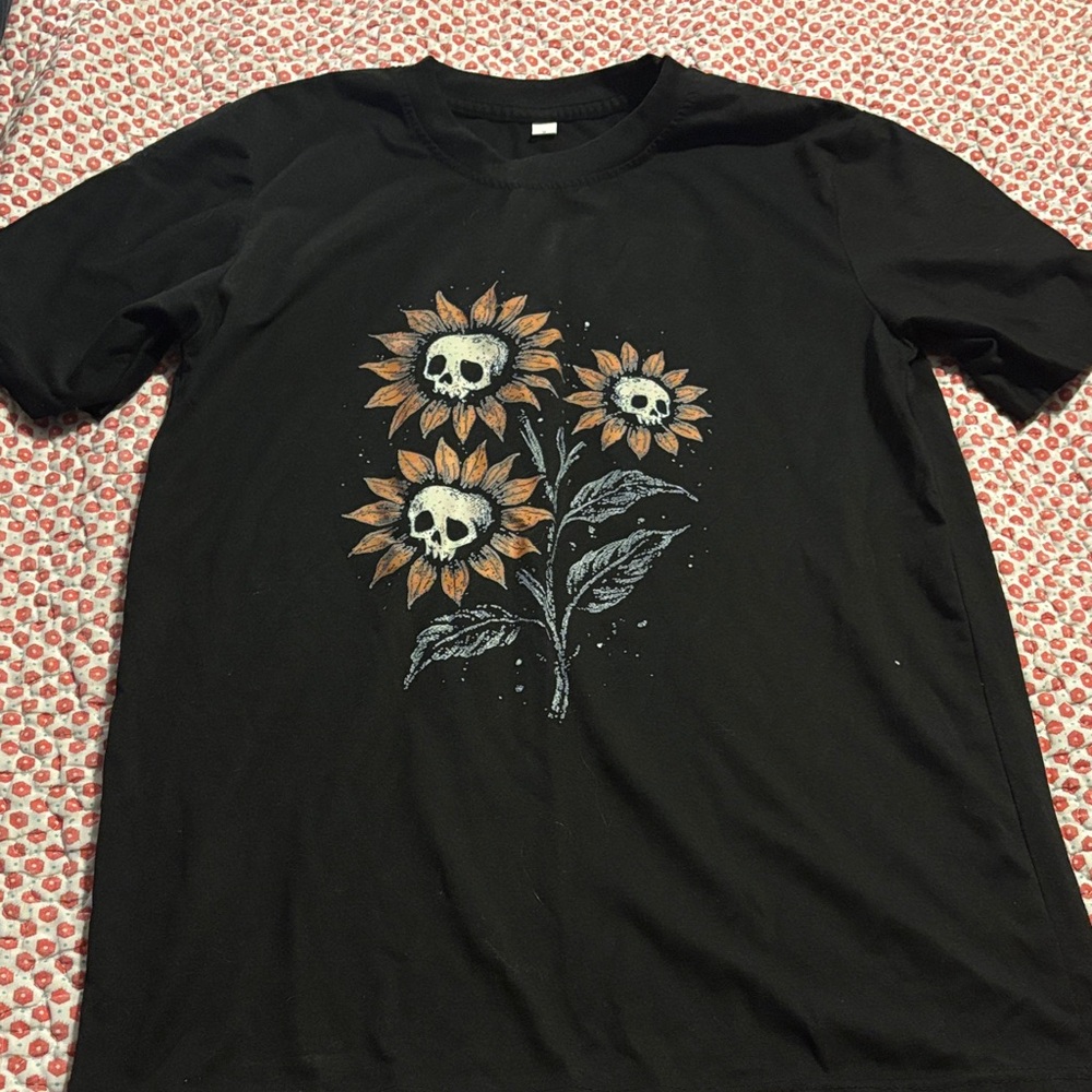 Black Graphic Tee with Orange Sunflower Skull Design - Unbranded